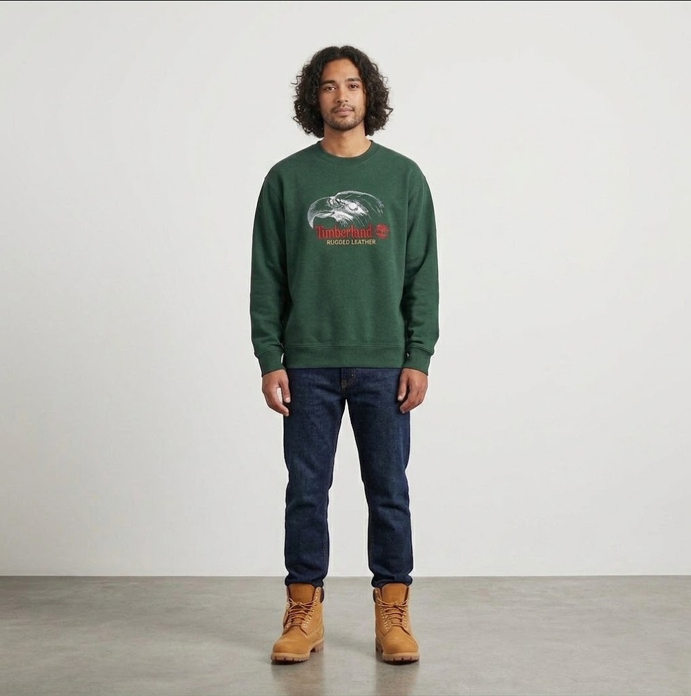 Timberland Men's Vintage Rugged Leather Embroidered Sweatshirt Size XL Green